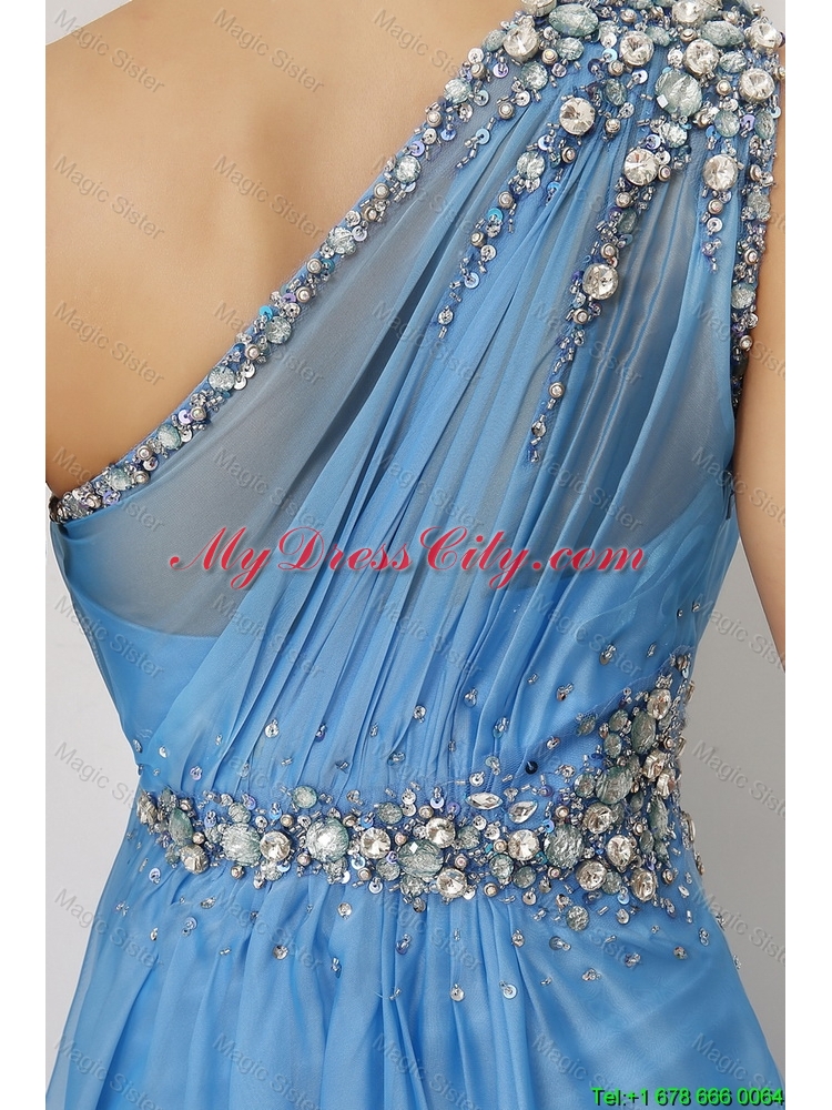 Discount Beaded Baby Blue Prom Dresses with One Shoulder