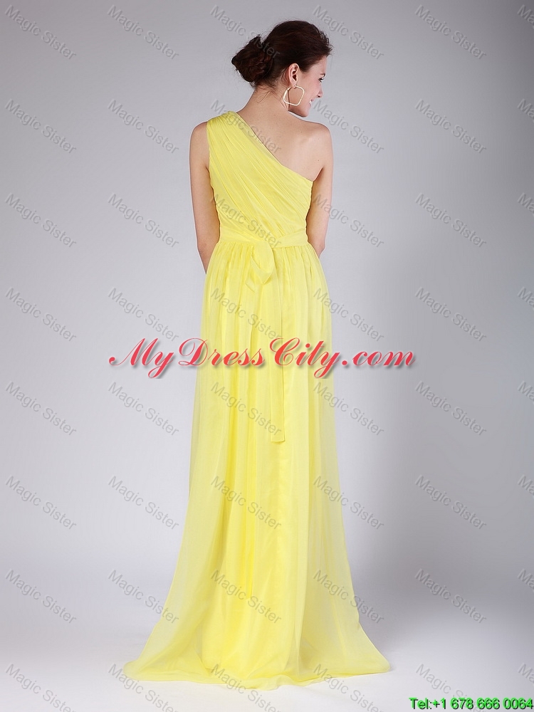 Elegant One Shoulder Sashes Yellow Prom Dresses with Sweep Train for 2016