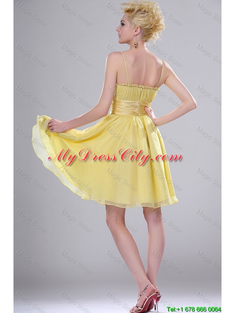 Pretty Yellow Mini Length Prom Dresses with Spaghetti Straps