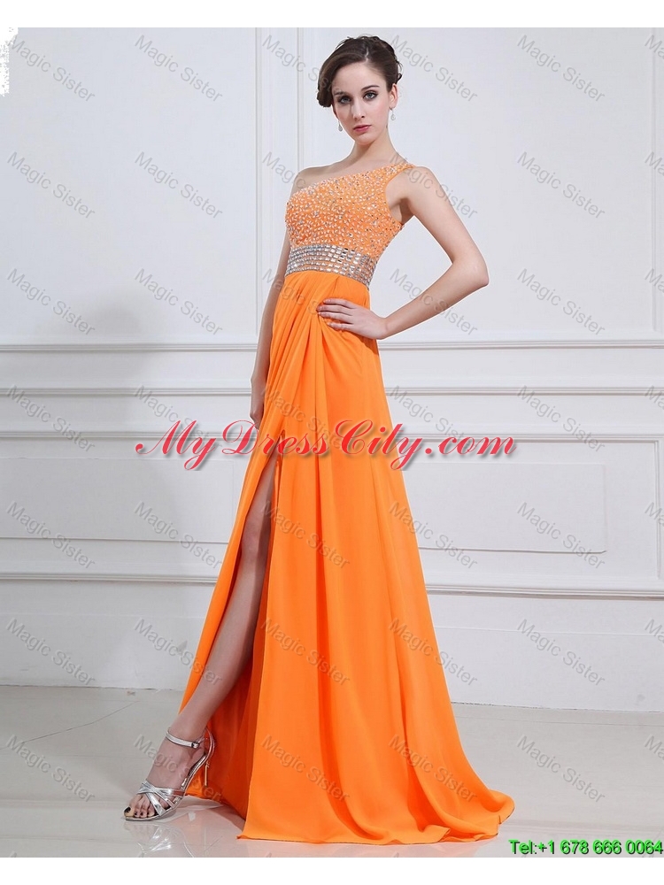Exquisite Beading and High Slit Orange Prom Dresses with Brush Train