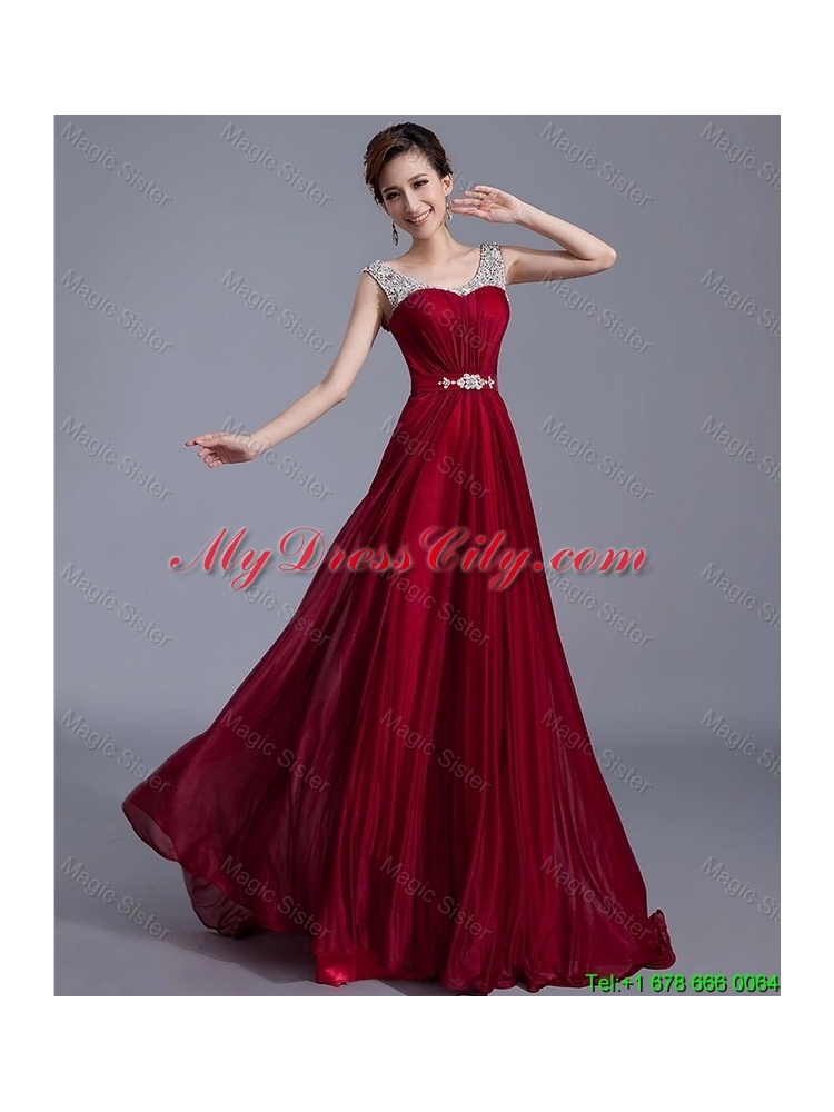 2015 Cheap Brush Train Scoop Zipper Up Prom Dresses in Wine Red