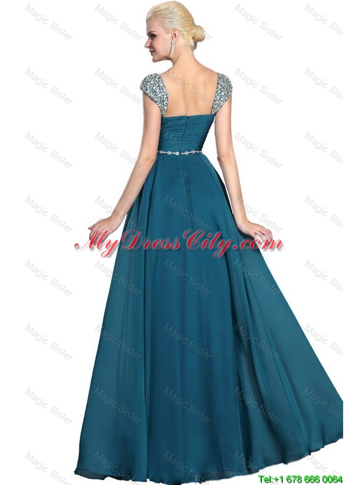 Gorgeous Beaded Teal Cap Sleeves Prom Dresses with Straps