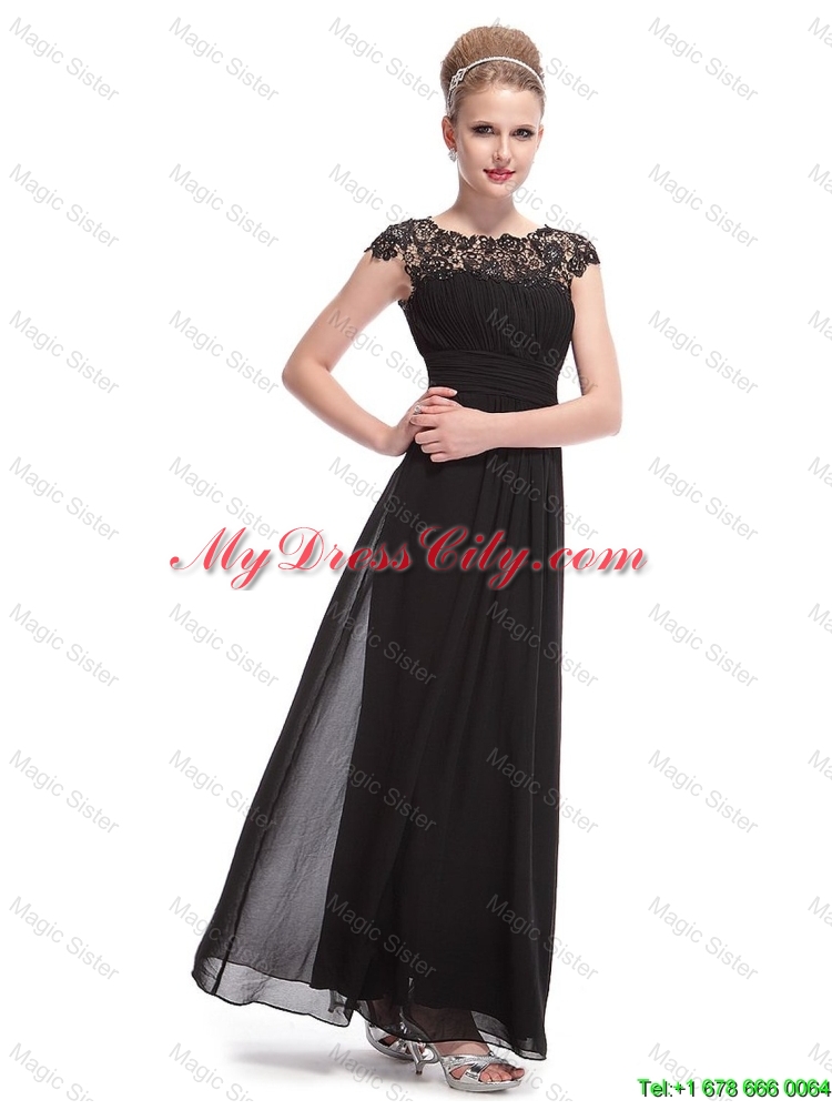 Beautiful Bateau Black Prom Dresses with Lace and Ruching