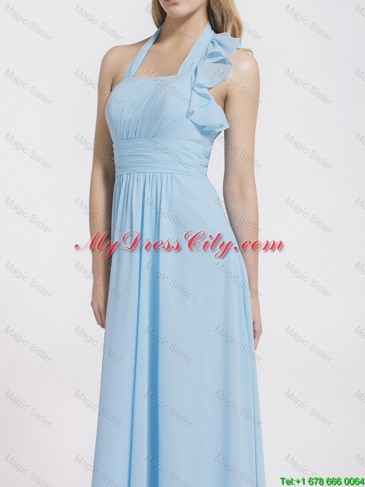 Gorgeous Halter Top Ruffles and Belt Baby Blue Prom Dresses for 2016