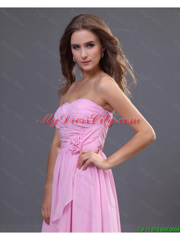 Modest Ruching and Hand Made Flower Prom Dress in Rose Pink
