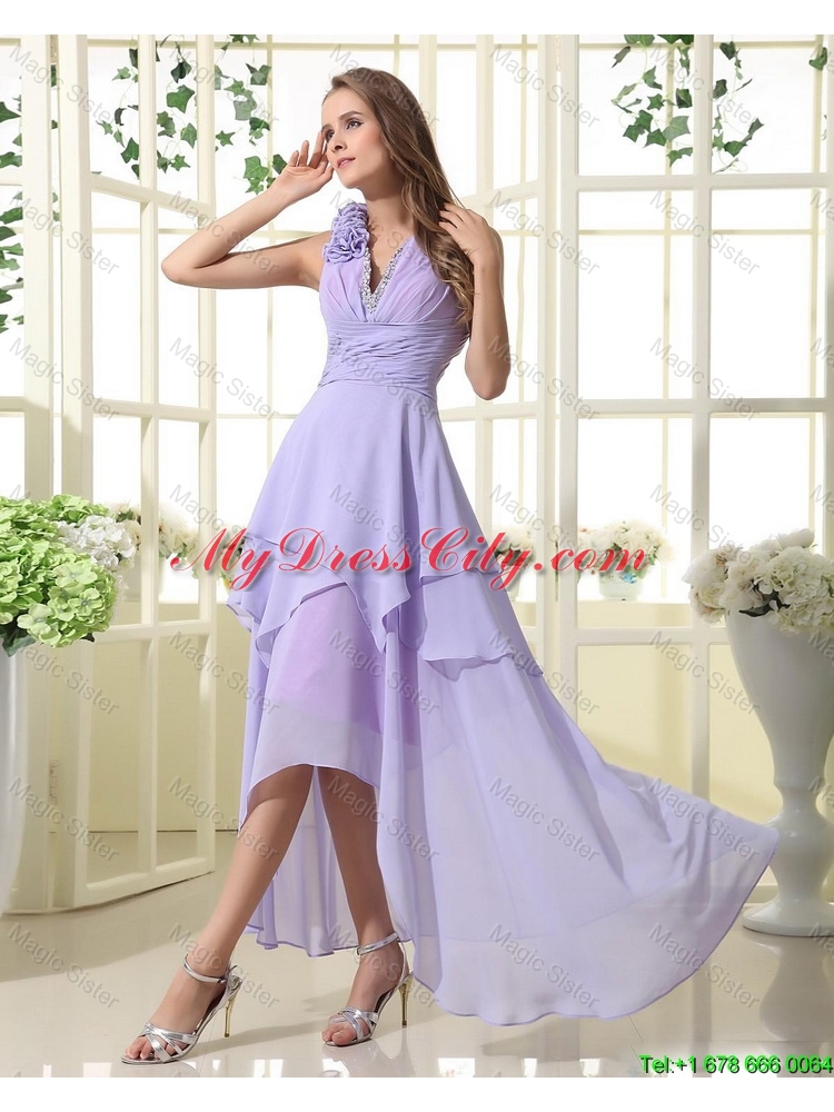 Pretty Empire V Neck Prom Dresses with High Low in Lavender