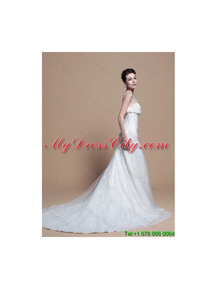 Custom Made Lace A Line Wedding Dresses with Hand Made Flowers