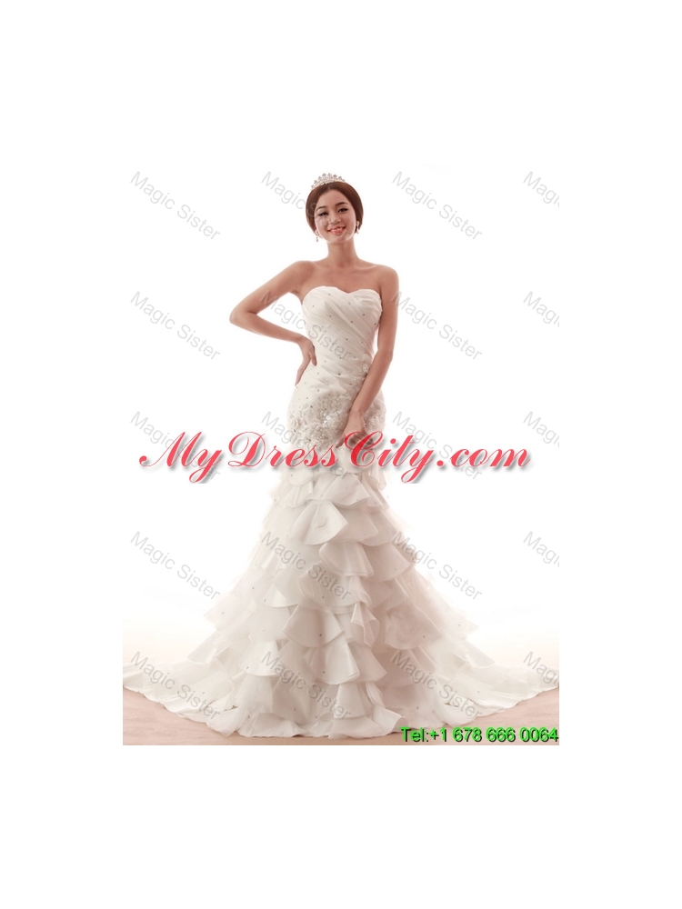 Popular Beading and Ruffles White Wedding Dress with Brush Train