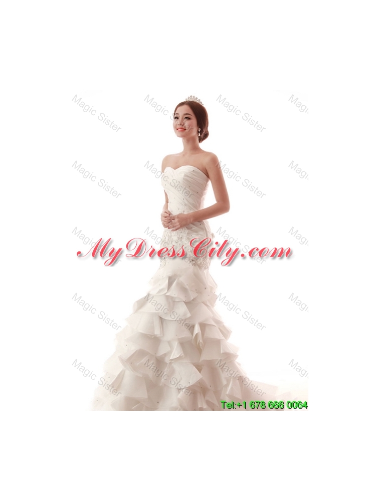 Popular Beading and Ruffles White Wedding Dress with Brush Train