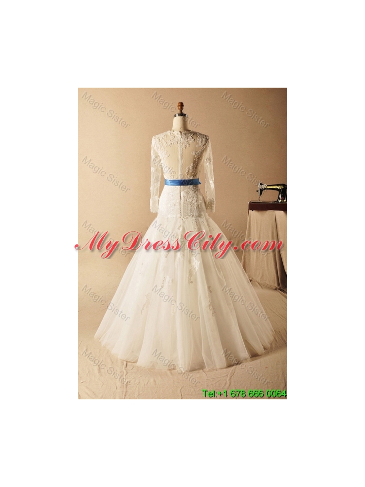 Custom Made A Line High Neck Appliques Wedding Dresses with Ribbons