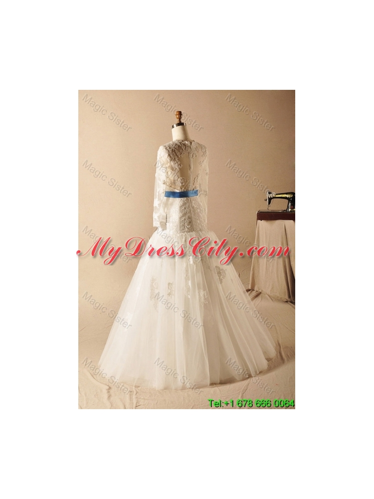 Custom Made A Line High Neck Appliques Wedding Dresses with Ribbons