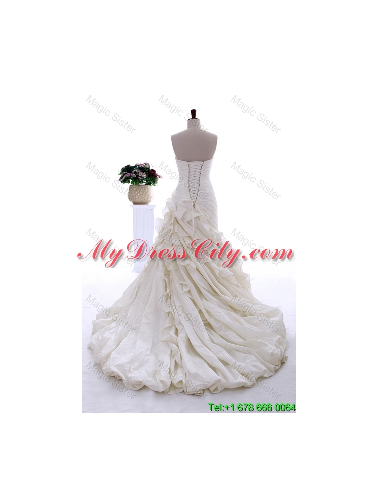 Exquisite Hand Made Flowers and Ruffles Wedding Dresses with Brush Train