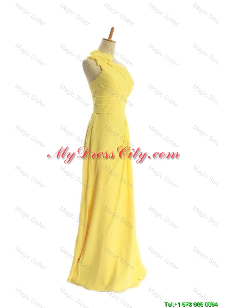 Classical One Shoulder Long Yellow Prom Dresses with Bowknot
