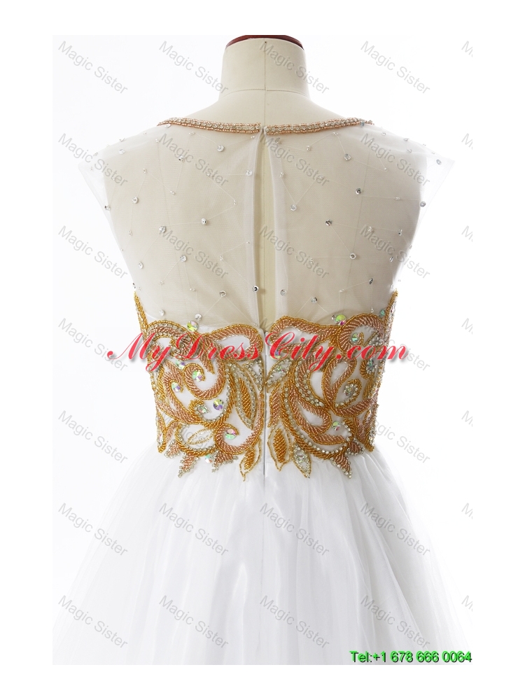 2016 Summer A Line Bateau Prom Dresses with Appliques and Beading