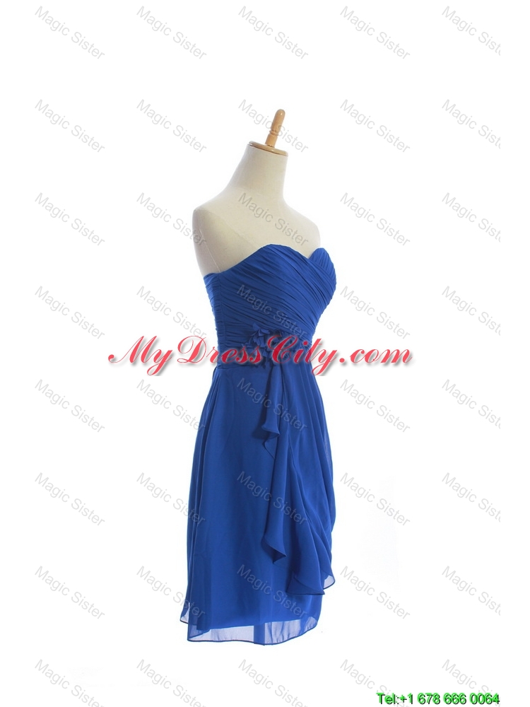 Customize Hand Made Flowers and Ruching Short Prom Dresses in Royal Blue