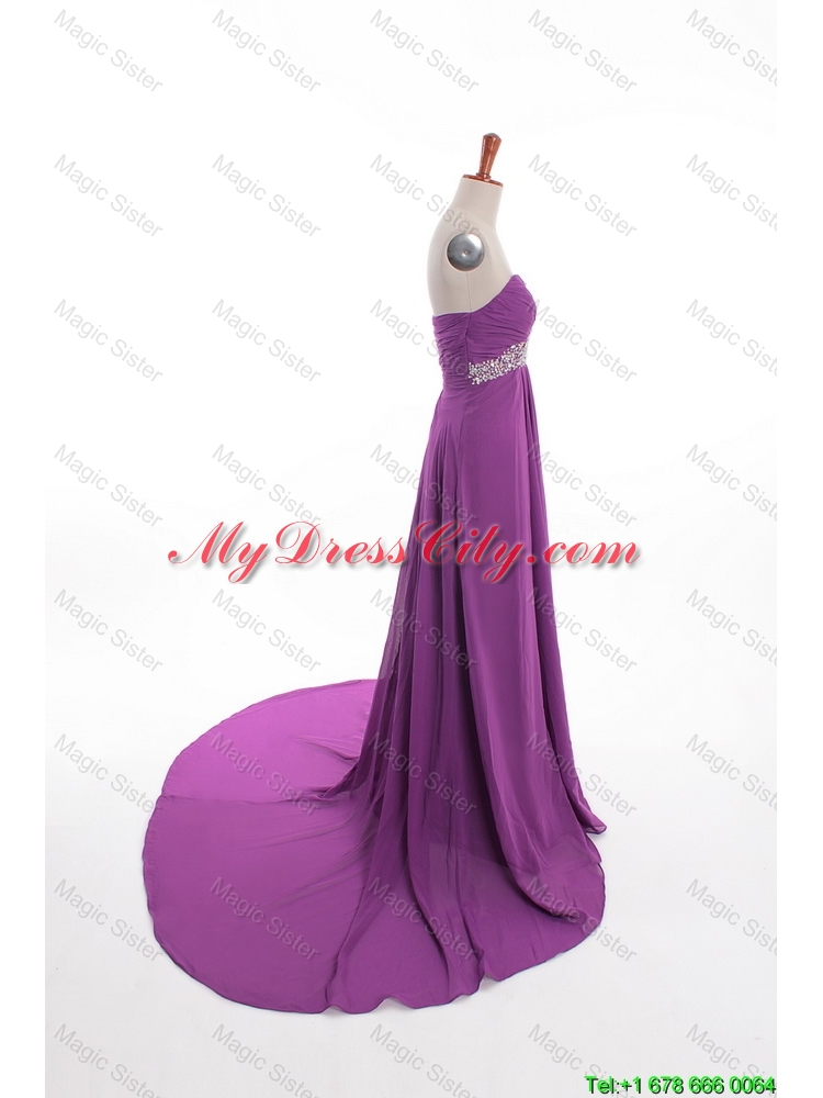 Fashionable Beaded Court Train Prom Dresses in Eggplant Purple