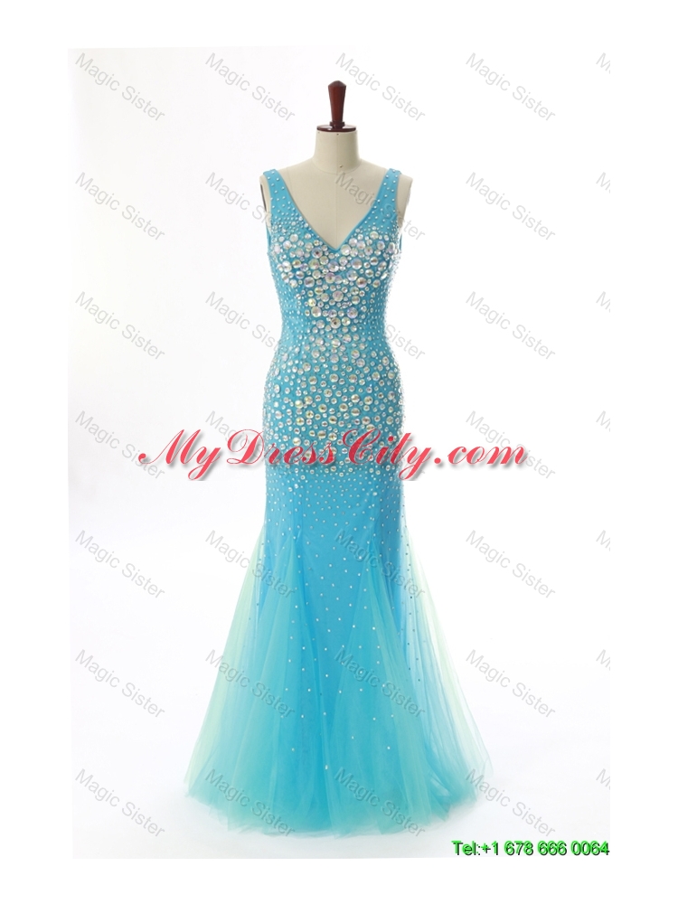 Sexy Mermaid V Neck Backless Beading Long Prom Dresses for 2016