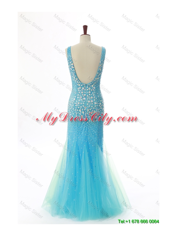 Sexy Mermaid V Neck Backless Beading Long Prom Dresses for 2016