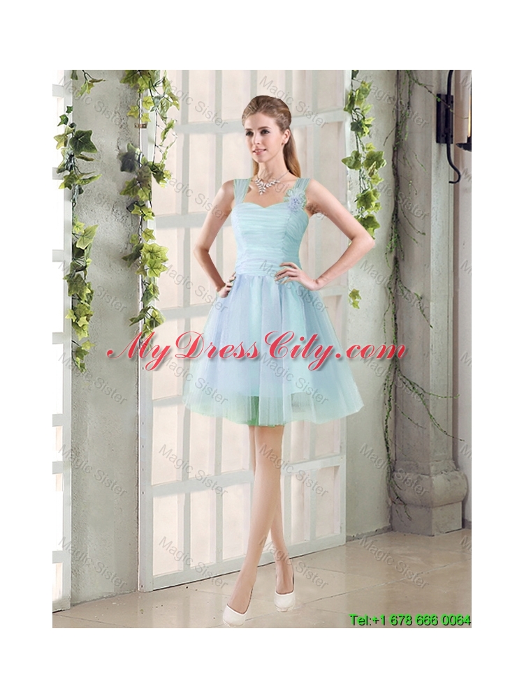 2015 Summer A Line Straps Ruching Bridesmaid Dresses with Hand Made Flowers