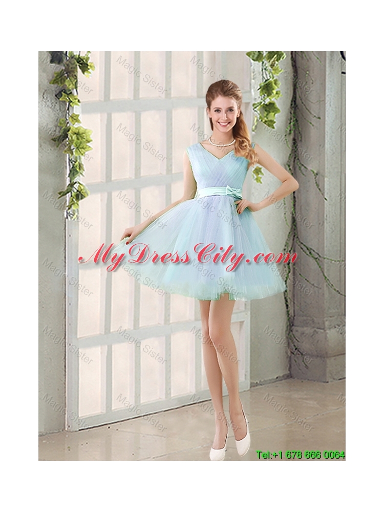 2015 Summer V Neck Strapless Short Bridesmaid Dresses with Bowknot