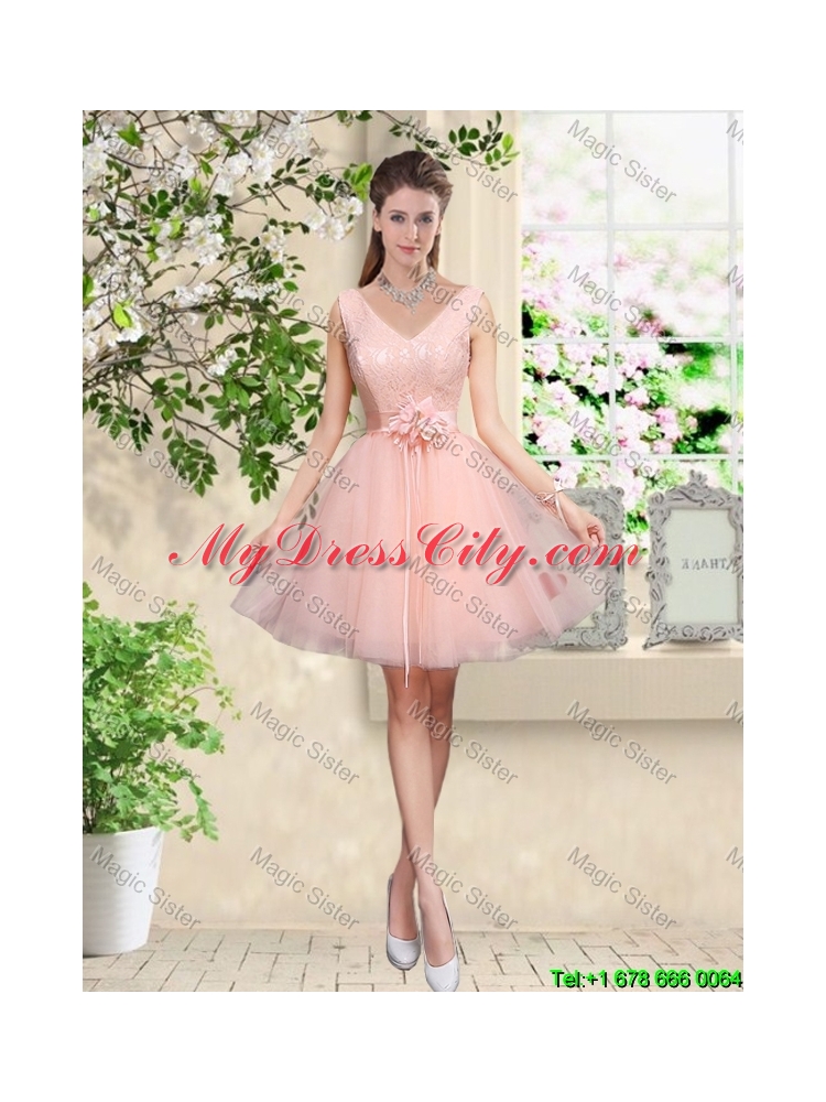 Decent V Neck Baby Pink Prom Dresses with Hand Made Flowers