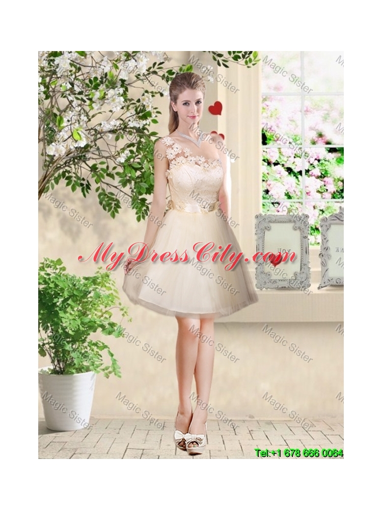 Pretty One Shoulder Champagne Prom Dresses with Appliques