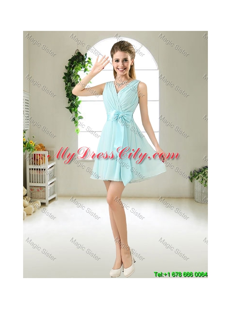 Fashionable V Neck Bowknot Prom Dresses in Mini Length