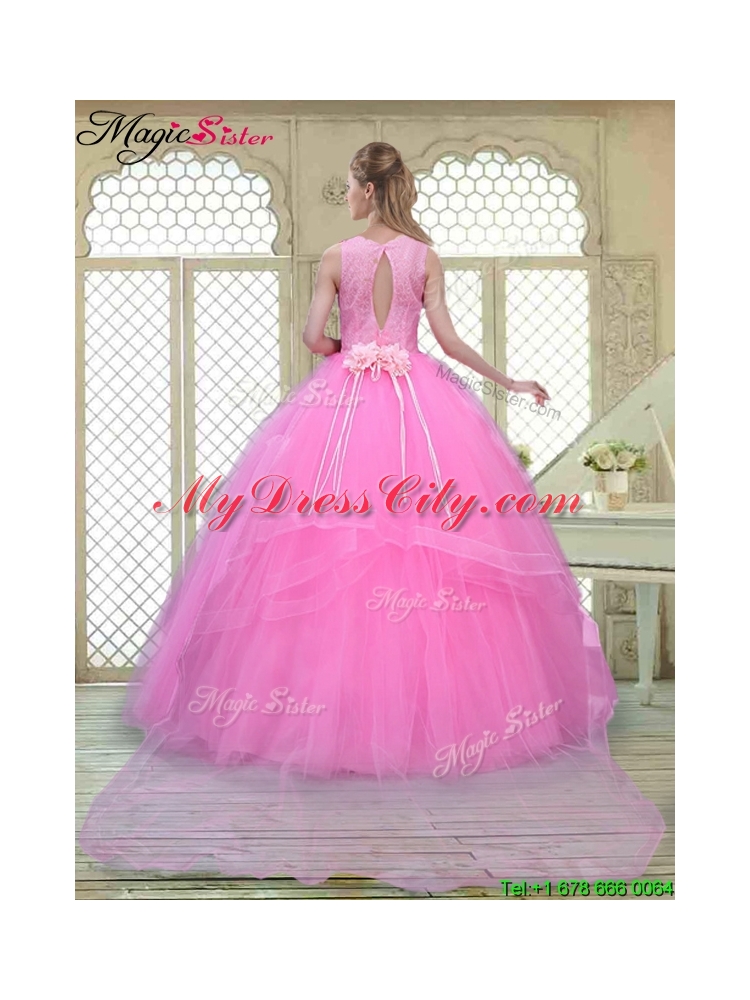 Popular Scoop Hand Made Flowers Sweet 16 Dresses with Brush Train