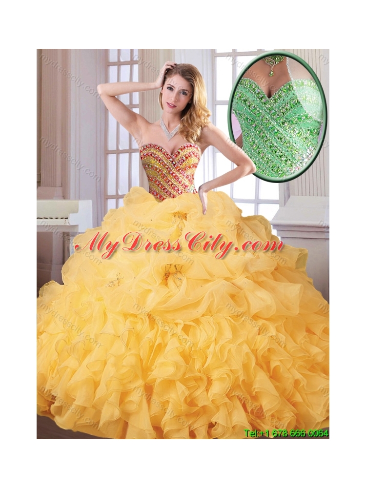 2016 Hot Sale Winter Beading and Ruffles Quinceanera Dresses in Gold