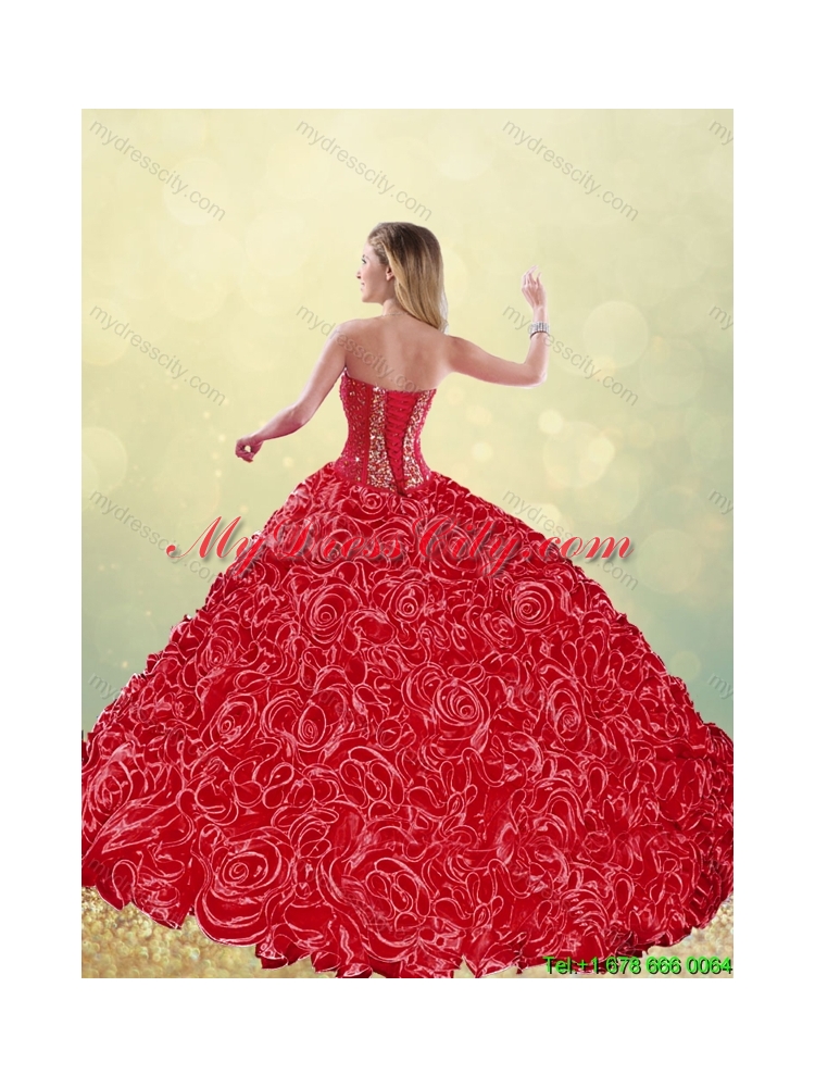 New Style Brush Train Rolling Flowers Quinceanera Dresses in Red
