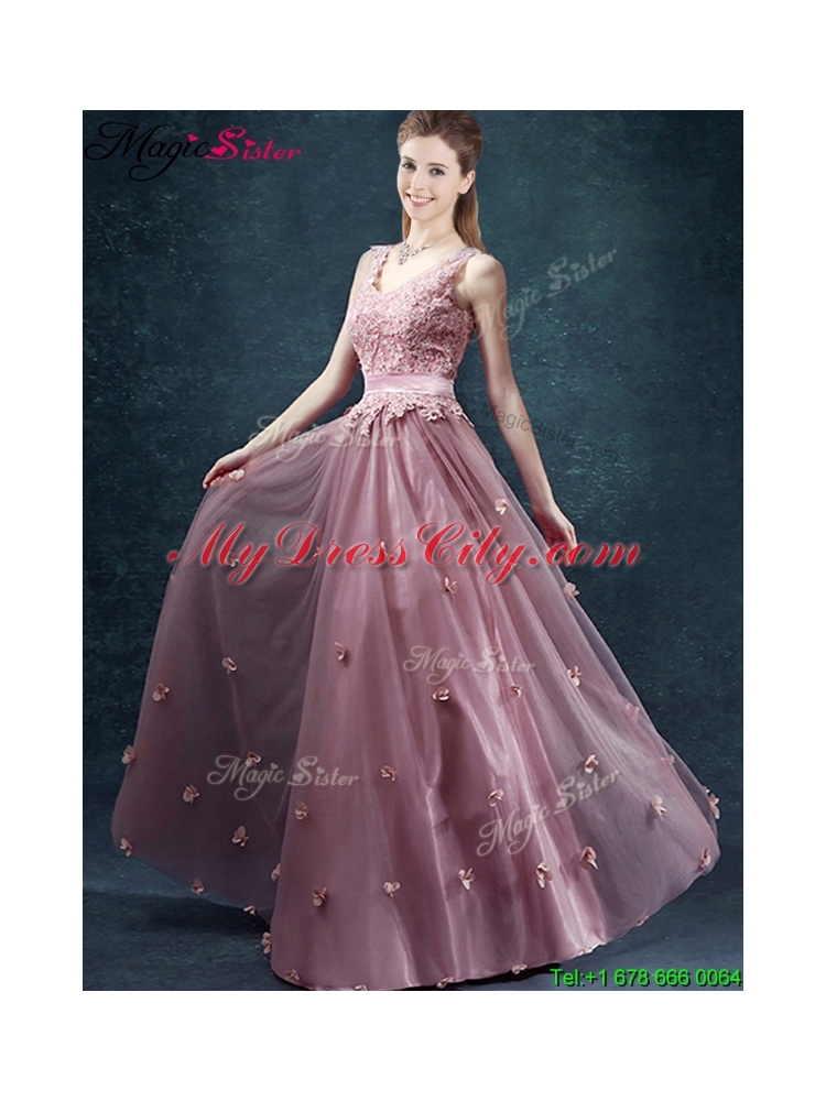 2016 Classical V Neck Prom Dresses with Appliques and Belt