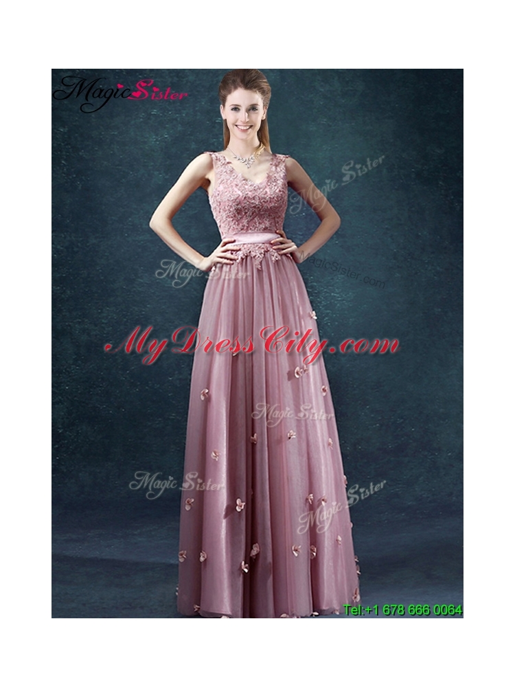2016 Classical V Neck Prom Dresses with Appliques and Belt