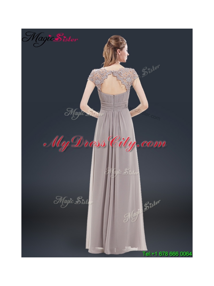 2016 Elegant Empire Cap Sleeves Beading and Ruching Prom Dresses