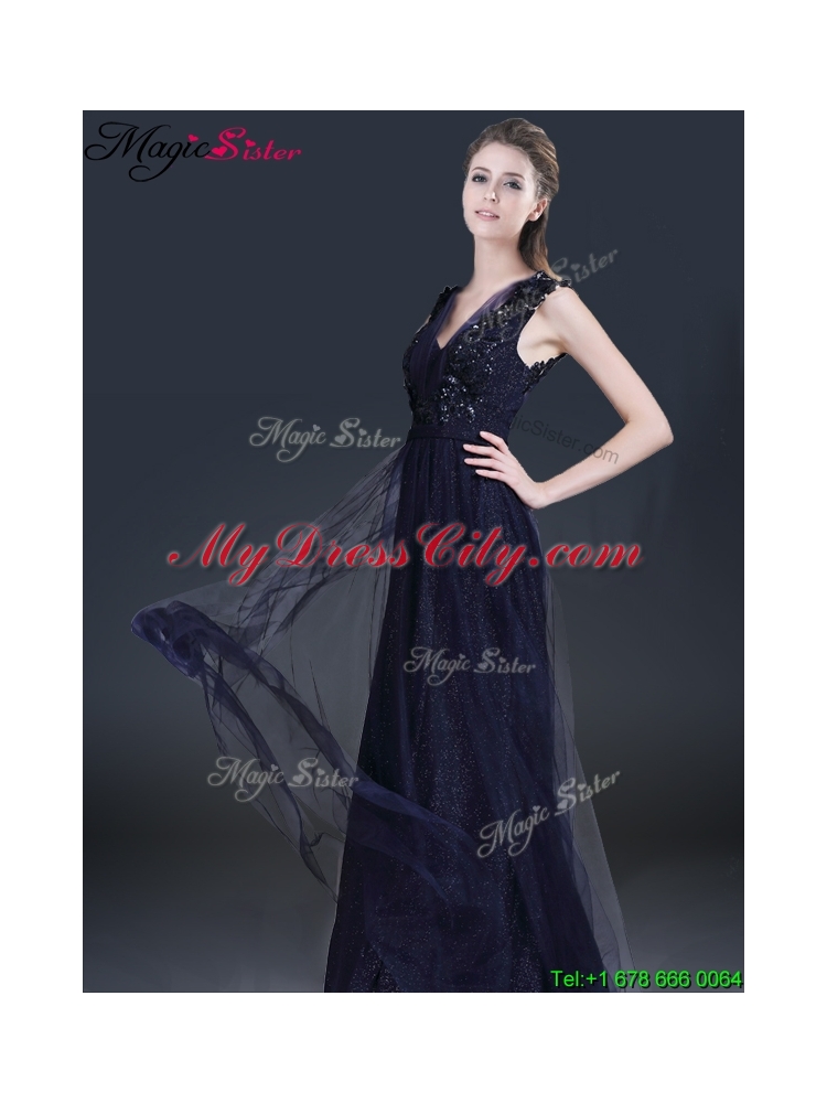 Fashionable V Neck Paillette Prom Dresses in Navy Blue for 2016