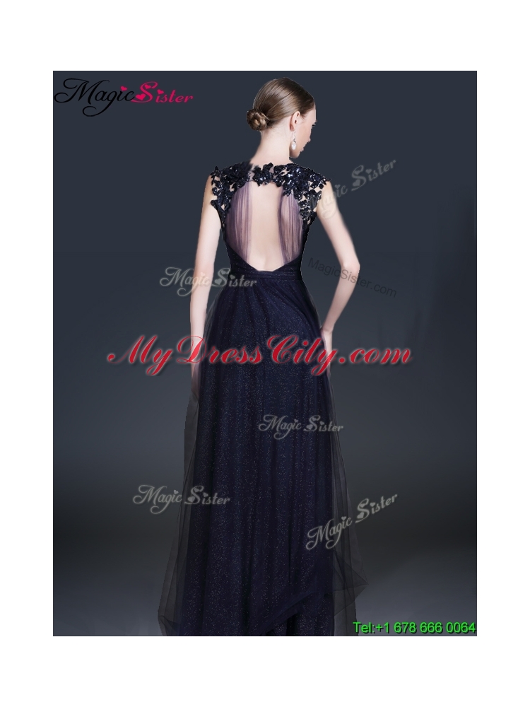 Fashionable V Neck Paillette Prom Dresses in Navy Blue for 2016