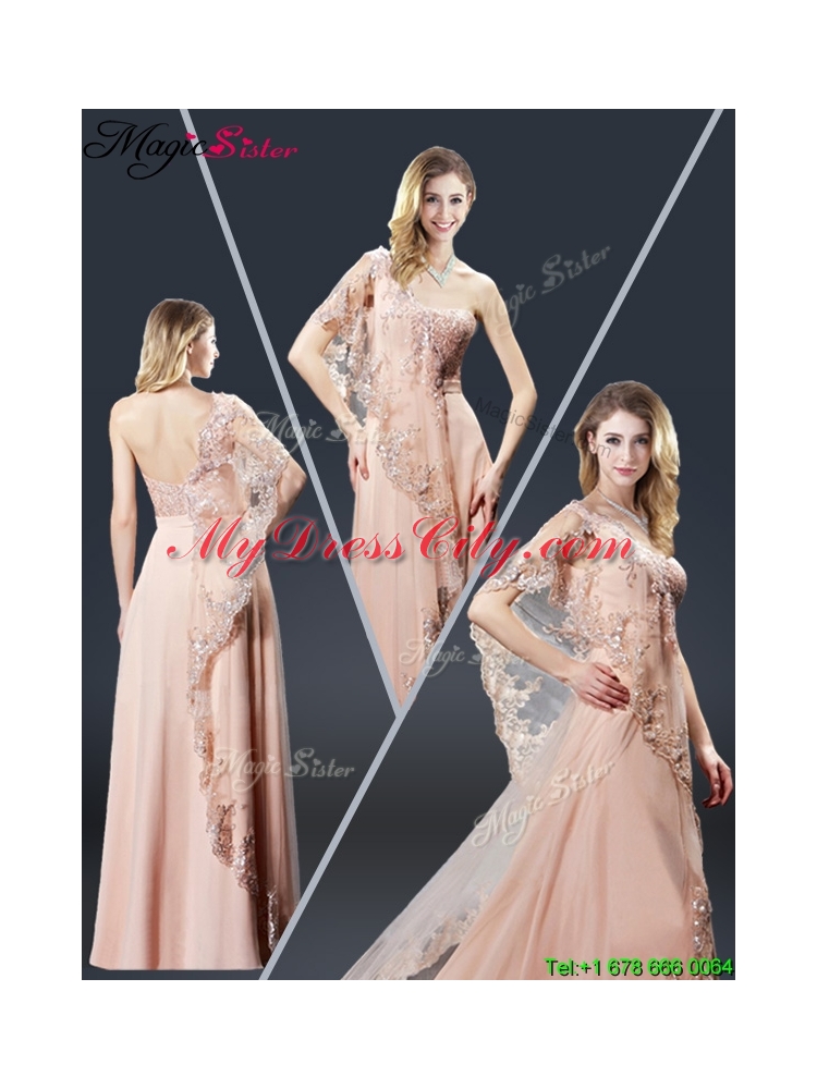 Luxurious One Shoulder Appliques Prom Dresses in Peach