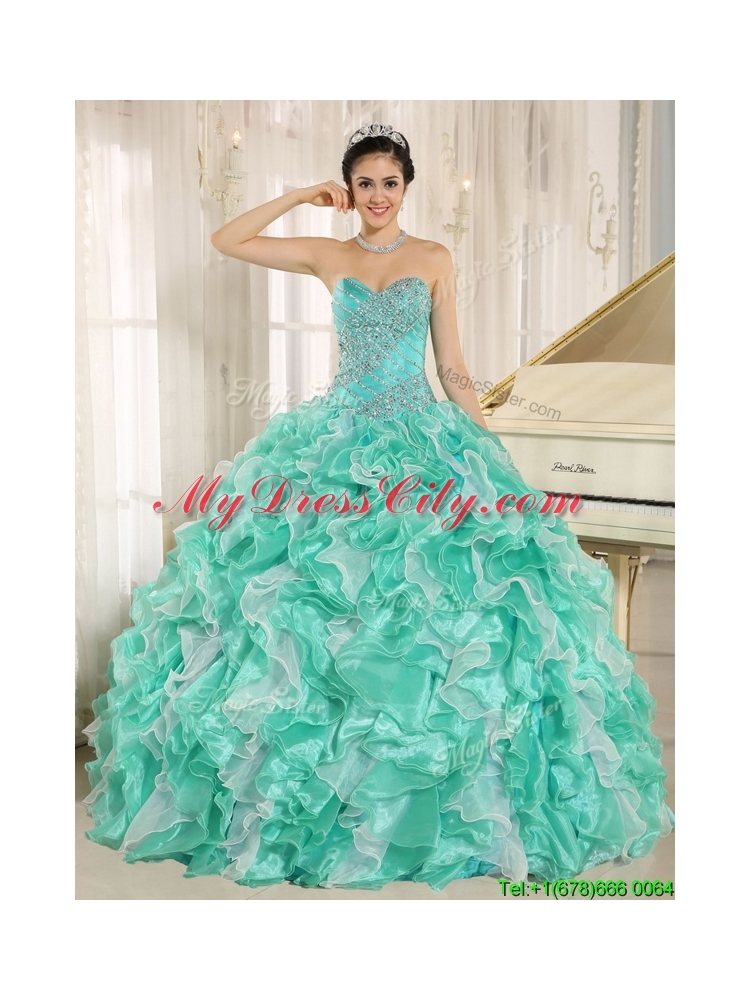 2016 Brand New Apple Green Quinceanera Dresses with Beading and Ruffles