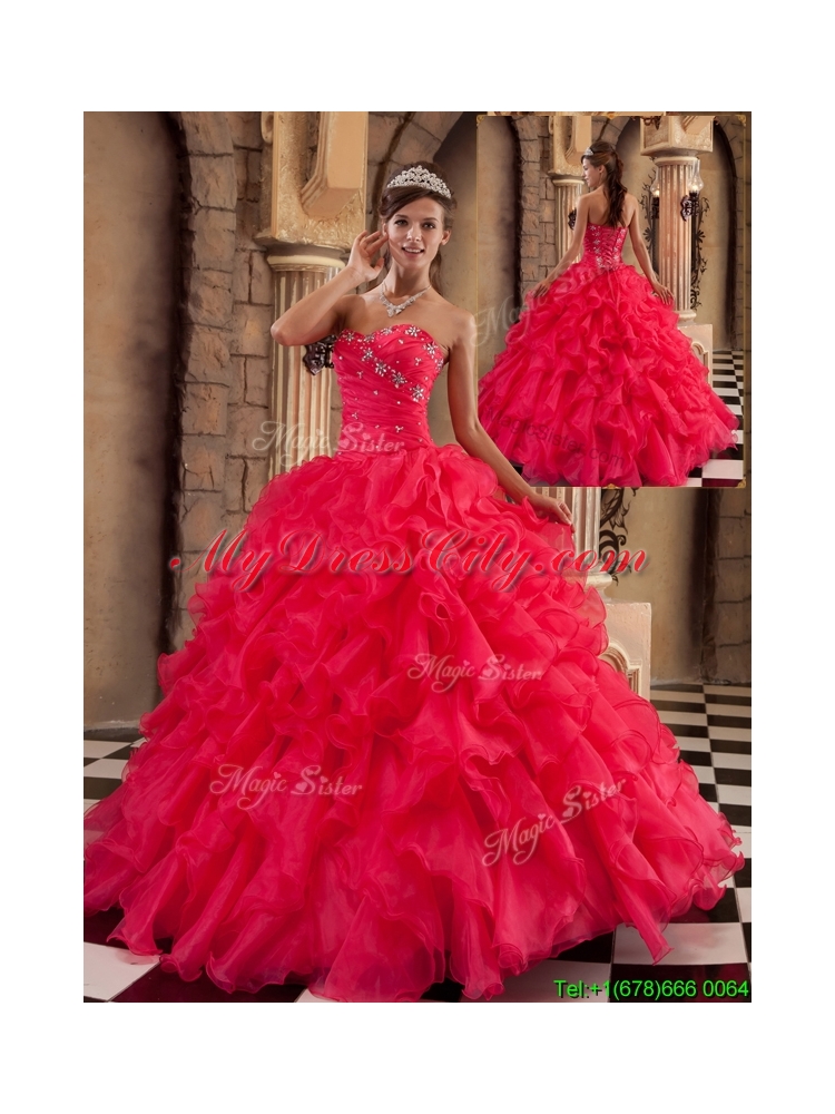 2016 Classic Coral Red Sweetheart Quinceanera Gowns with Beading