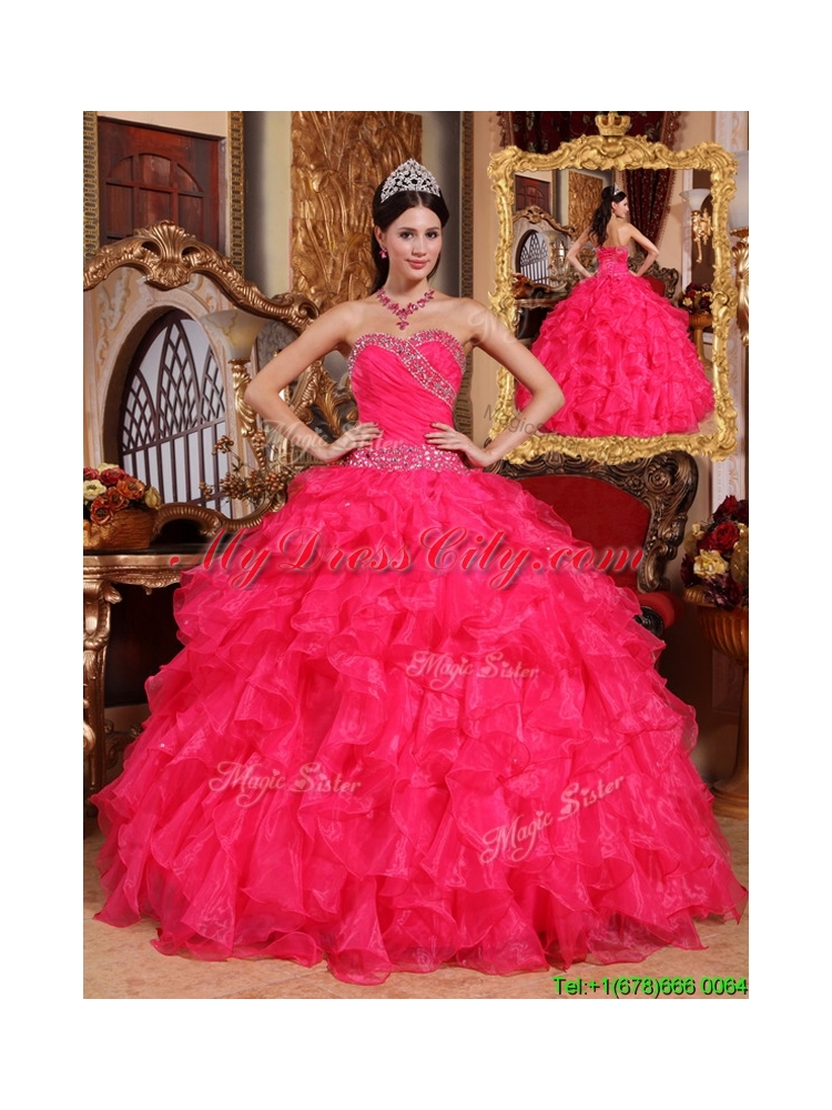 2016 Coral Red Ball Gown Floor Length Quinceanera Dresses