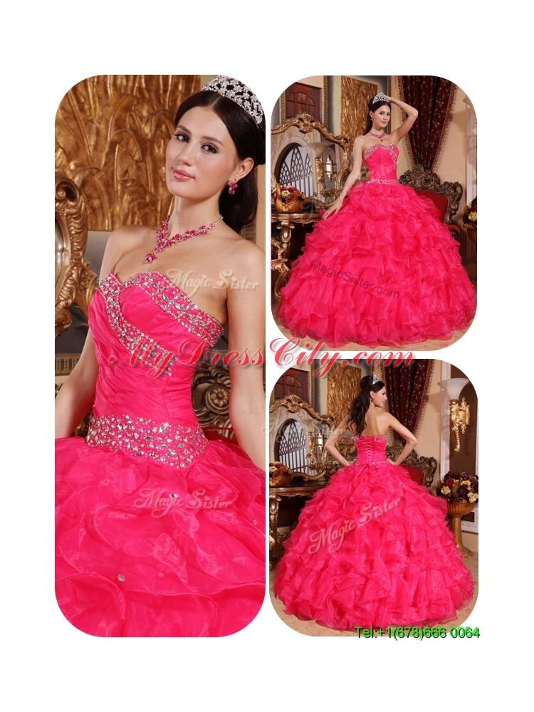 2016 Coral Red Ball Gown Floor Length Quinceanera Dresses