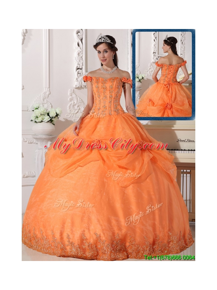 2016  Designer   Off The Shoulder Quinceanera Dresses with Appliques and Hand Made Flowers