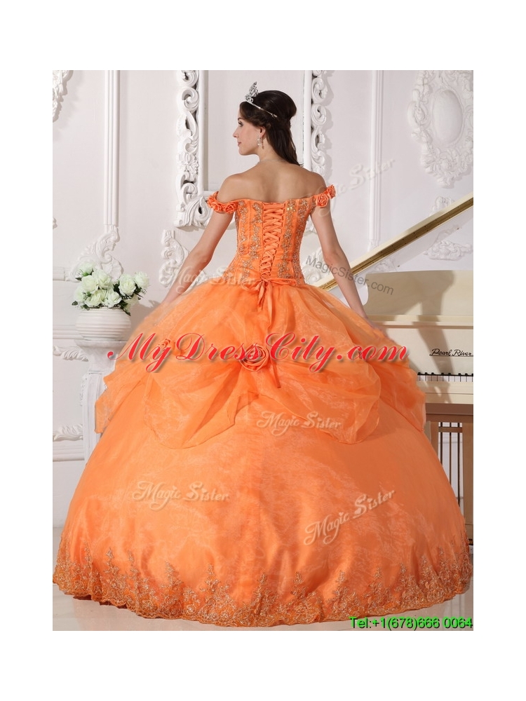 2016  Designer   Off The Shoulder Quinceanera Dresses with Appliques and Hand Made Flowers