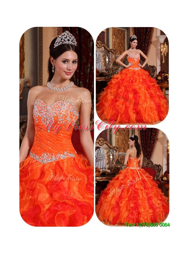 2016  Elegant  Appliques and Beading Orange Quinceanera Gowns