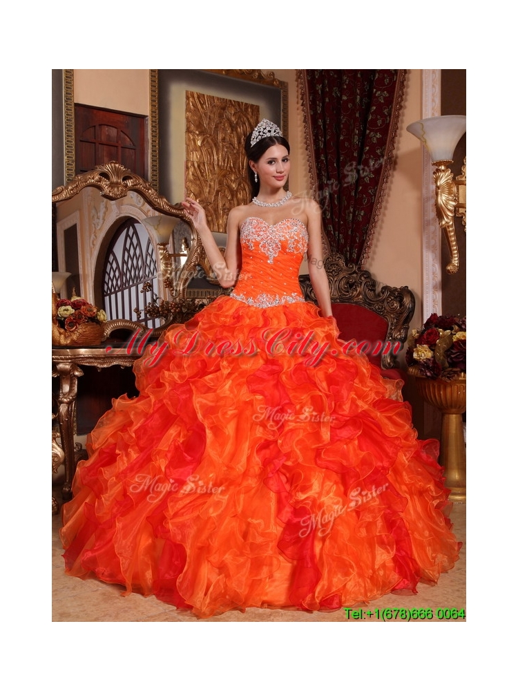 2016 Pretty  Orange Quinceanera Gowns with Appliques and Beading