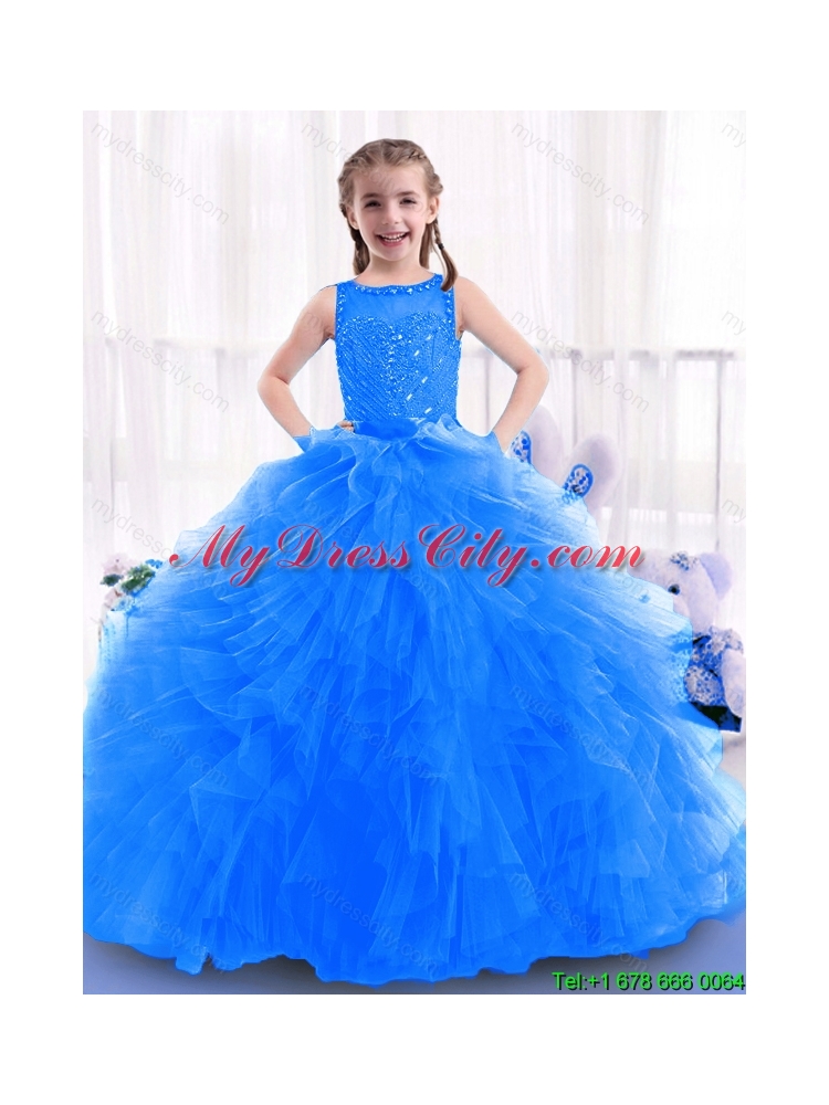 Fashionable Blue Little Girls Pageant Dresses with Ruffles and Beading