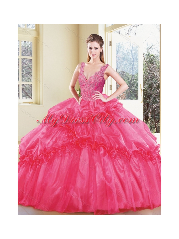 Modest V Neck Quinceanera Dresses with Appliques and Ruffles