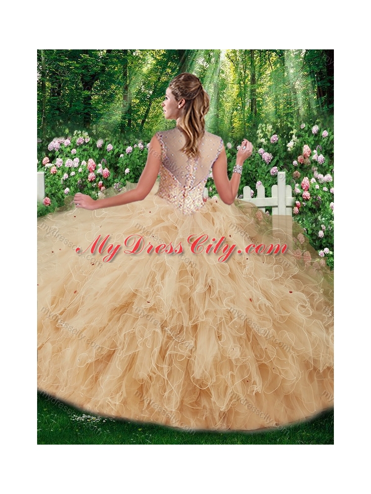 Gorgeous Straps Beading Sweet 16 Gowns in Champange