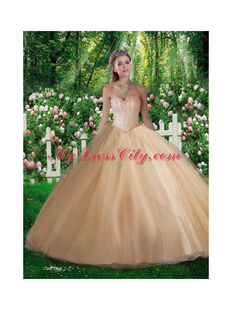 Pretty Champagne A Line Sweetheart Beading Quinceanera Dresses for 2016