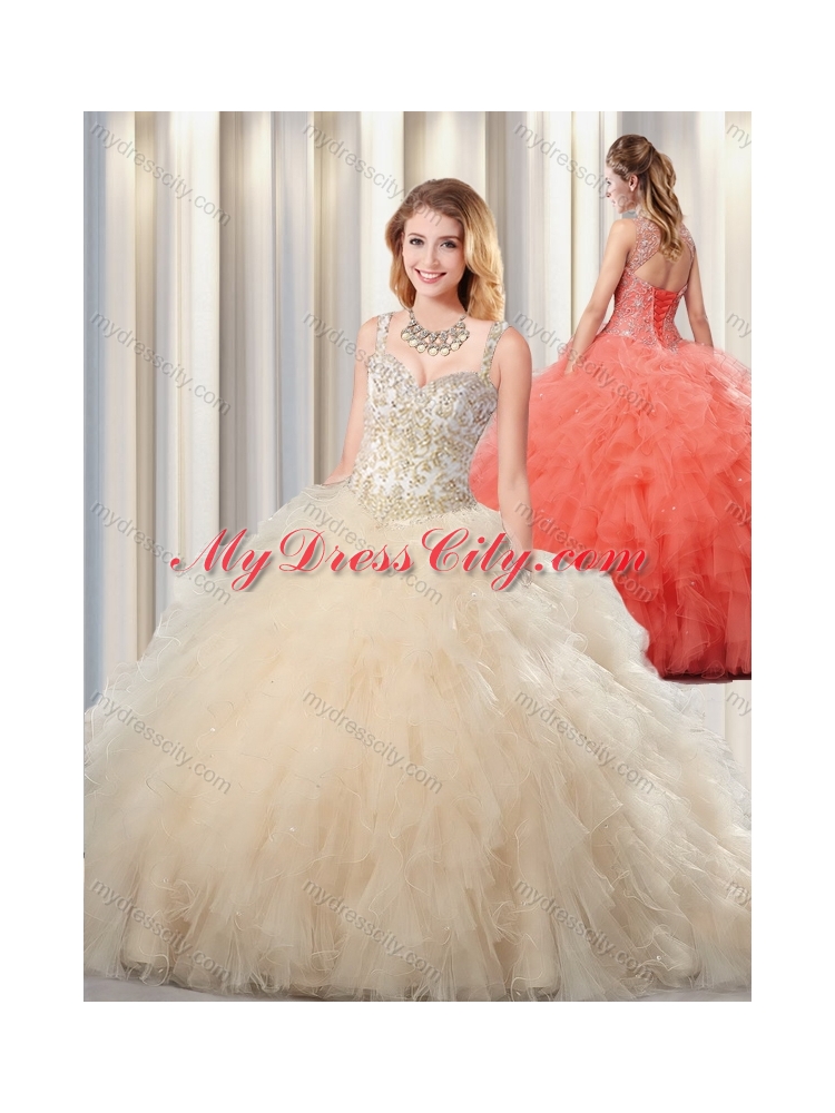 Pretty Champagne Puffy Straps Quinceanera Dresses for 2016