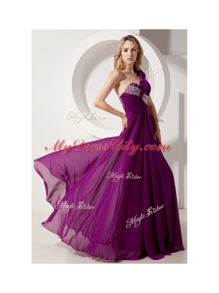 Cheap One Shoulder Hand Made Flowers Prom Dresses with Beading